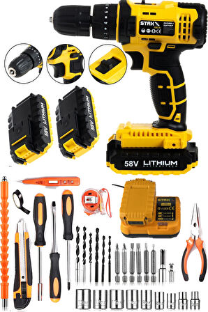 Germany Hybrid Motor 58v 8ah Samsung Çift Akülü Darbeli Şarjlı Matkap Seti 30 Parça Set