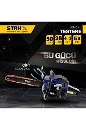 TechnoTam Professional Çift Egzoz Ağaç Motoru Motorlu Testere Hızar 58 cc 4.3 Hp 50 cm Pala