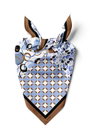 E39 Kadın Etnik Patchwork Desenli Bandana 50x50 Mavi DG0204-22