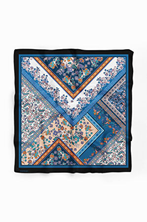 E114 Kadın Patchwork Desenli Bandana 50x50 Mavi DG0211-22