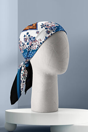 E114 Kadın Patchwork Desenli Bandana 50x50 Mavi DG0211-22