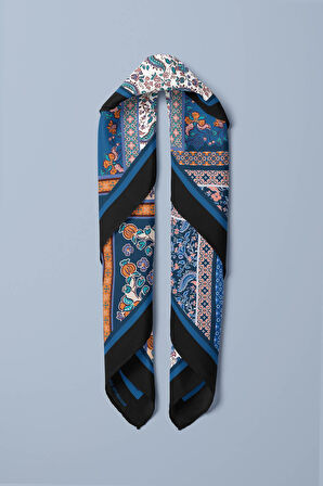 E114 Kadın Patchwork Desenli Bandana 50x50 Mavi DG0211-22
