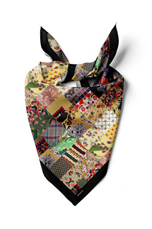 D99 Kadın Patchwork Desenli Bandana 50x50 Yeşil Sarı DG0259-22