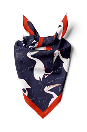 D45 Kadın Kuş Desenli Bandana 50x50 Beyaz Mavi DG0280-22