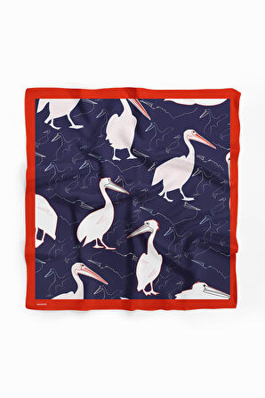 D45 Kadın Kuş Desenli Bandana 50x50 Beyaz Mavi DG0280-22