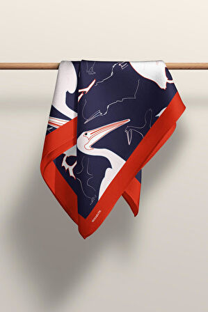 D45 Kadın Kuş Desenli Bandana 50x50 Beyaz Mavi DG0280-22