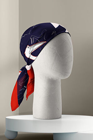 D45 Kadın Kuş Desenli Bandana 50x50 Beyaz Mavi DG0280-22