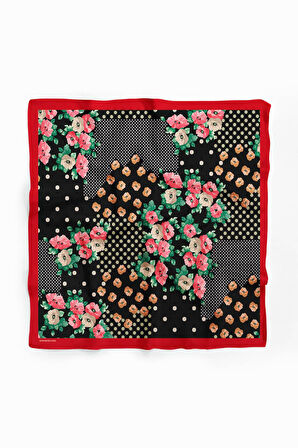 D107 Kadın Patchwork Desenli Bandana 50x50 Yeşil Pembe