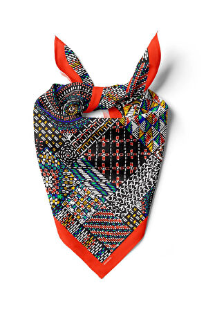 F49 Kadın Patchwork Desenli Bandana 50x50 Kırmızı Siyah DG0326-22
