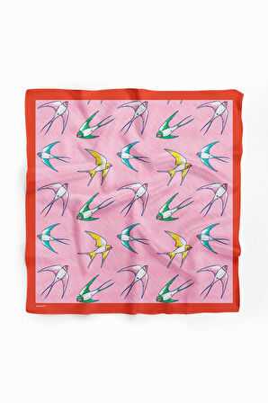 B45 Kadın Kuş Desenli Bandana 50x50 Pembe DG0410-22