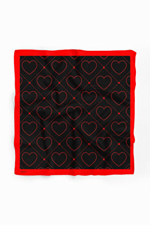 V23 Kadın Kalp Desenli Bandana 50x50 Kırmızı Siyah DG0446-22