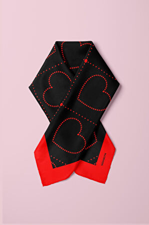 V23 Kadın Kalp Desenli Bandana 50x50 Kırmızı Siyah DG0446-22