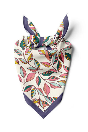 Y49 Kadın Yaprak Desenli Bandana 50x50 Turuncu Beyaz Yeşil DG0452-22