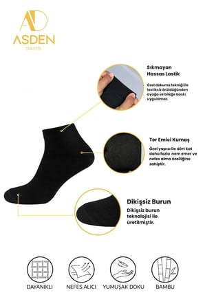 Bambu Erkek Kısa Konç Çorap Siyah 6'lı Paket, Dikişsiz, Soft Yıkamalı, Yumuşak Premium, 40-45