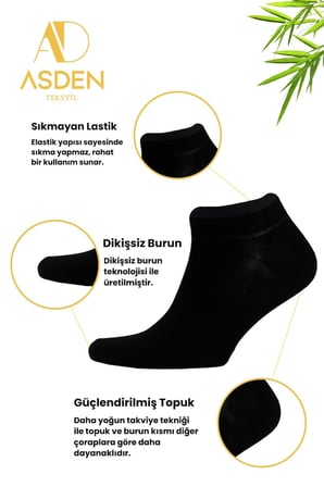 Bambu Erkek Patik Çorap Siyah 12'li Paket, Dikişsiz, Soft Yıkamalı, Yumuşak Premium, 40-45