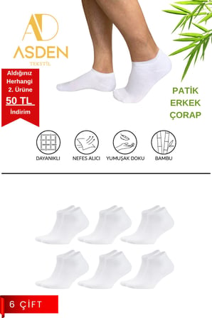 Bambu Erkek Patik Çorap Beyaz 6'lı Paket, Dikişsiz, Yıkamalı, 40-45