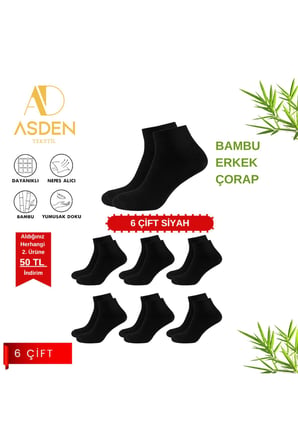 Bambu Kadın Kısa Konç Çorap Siyah 6'lı Paket, Burun Dikişsiz, Yıkamalı, 36-40