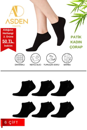 Bambu Erkek Patik Çorap Siyah 6'lı, Dikişsiz, Soft Yıkamalı, Premium, 40-45