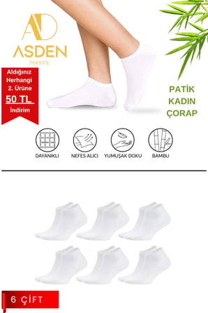 Bambu Erkek Patik Çorap Beyaz 6'lı, Dikişsiz, Soft Yıkamalı, Premium, 40-45
