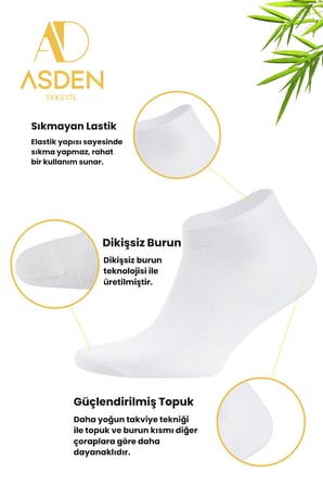 Bambu Erkek Patik Çorap Beyaz 6'lı, Dikişsiz, Soft Yıkamalı, Premium, 40-45