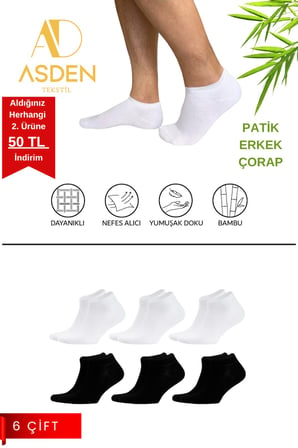 Bambu Kadın Patik Çorap 3 Siyah-3 Beyaz, 6'lı Paket, Dikişsiz, Soft Yıkamalı, 36-40