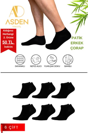 Bambu Kadın Patik Çorap Siyah 6'lı Paket, Dikişsiz, Soft Yıkamalı, 40-45