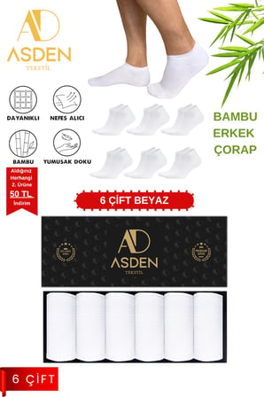 Bambu Kadın Patik Çorap Premium Kutulu Beyaz 6'lı, Burun Dikişsiz, Yıkamalı, Yumuşak Premium, 36-40