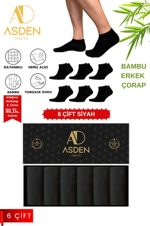 Bambu Kadın Patik Çorap Premium Kutulu Siyah 6'lı, Burun Dikişsiz, Yıkamalı, Yumuşak Premium, 36-40
