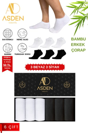 Bambu Kadın Patik Çorap 3 Siyah- 3 Beyaz Premium Kutu 6'Lı, Yıkamalı, Burun Dikişsiz, 36-40