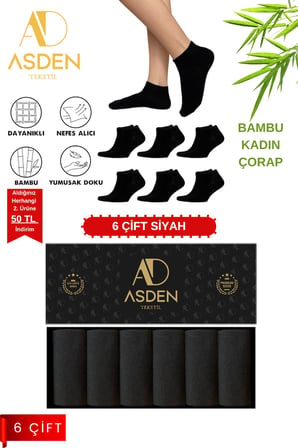 Bambu Erkek Patik Çorap Siyah Premium Kutu 6'lı, Yıkamalı, Burun Dikişsiz, 40-45
