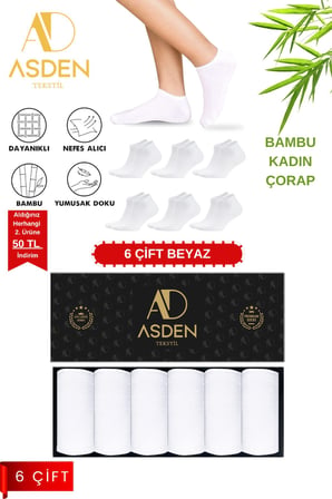 Bambu Erkek Patik Çorap Beyaz Premium Kutu 6'Lı, Yıkamalı, Burun Dikişsiz, 40-45