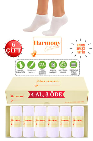 Bambu Erkek Patik Çorap Premium Kutulu Beyaz 6'lı, Burun Dikişsiz, Yumuşak Premium, 40-45