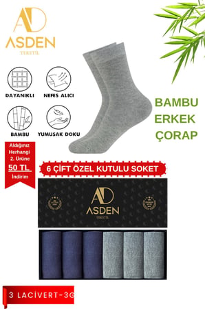 Bambu Erkek Soket Çorap Premium Kutulu 3 Gri-Lacivert 6'lı Paket, Dikişsiz, Soft Yıkamalı, 40-45