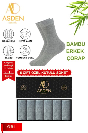 Bambu Erkek Soket Çorap Premium Kutulu Gri 6'lı, Burun Dikişsiz, Yıkamalı, Yumuşak Premium, 40-45