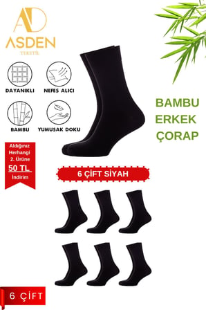 Bambu Erkek Soket Çorap Siyah 6'lı Paket, Burun Dikişsiz, Yıkamalı, 40-45