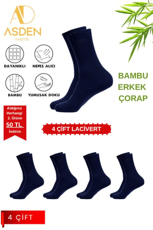 Bambu Erkek Soket Çorap Lacivert 4'lü Paket, Burun Dikişsiz, Yıkamalı, 40-45