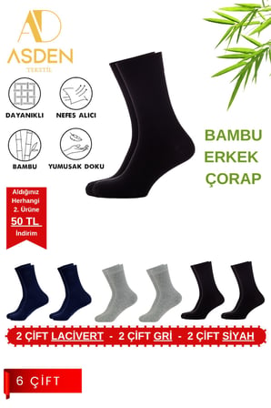 Bambu Erkek Soket Çorap 2 Siyah-2 Gri-2 Lacivert, 6'lı Paket, Burun Dikişsiz, Yıkamalı, 40-45