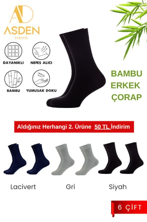 Bambu Erkek Soket Çorap 2 Siyah-2 Gri-2 Lacivert, 6'lı Paket, Burun Dikişsiz, Yıkamalı, 40-45