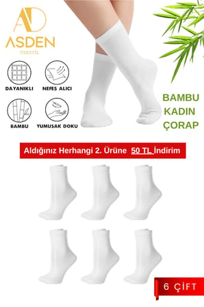 Bambu Kadın Soket Çorap Beyaz 6'lı Paket, Burun Dikişsiz, Yıkamalı, 36-40