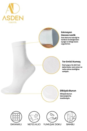 Bambu Kadın Soket Çorap Beyaz 6'lı Paket, Burun Dikişsiz, Yıkamalı, 36-40