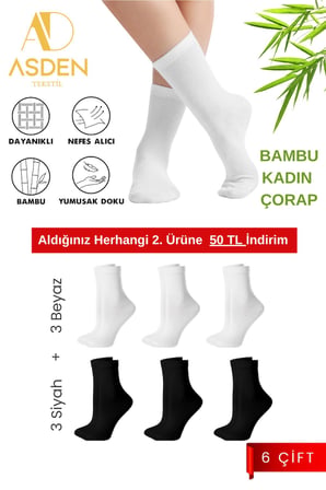 Bambu Kadın Soket Çorap 3 Siyah- 3 Beyaz 6'lı Paket, Burun Dikişsiz, Yıkamalı, 36-40