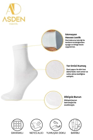 Bambu Kadın Soket Çorap 3 Siyah- 3 Beyaz 6'lı Paket, Burun Dikişsiz, Yıkamalı, 36-40