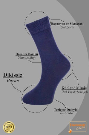 Bambu Erkek Soket Çorap Premium Kutulu Lacivert 6'lı, Burun Dikişsiz, Yumuşak Premium, 40-45