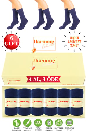 Bambu Kadın Lacivert Uzun Soket Çorap (6 Çi̇Ft) Özel Kutulu, Burun Dikişsiz, Premıum Socks
