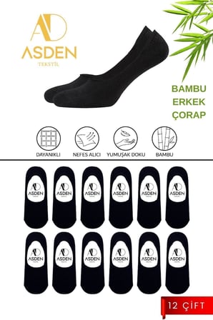 Bambu Erkek Babet Çorap Siyah 12'li Paket, Dikişsiz, Silikonlu Kaydırmaz Topuk, 40-45