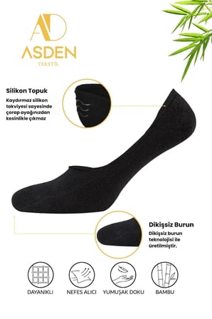 Bambu Erkek Babet Çorap Siyah 12'li Paket, Dikişsiz, Silikonlu Kaydırmaz Topuk, 40-45