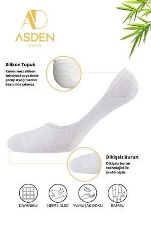 Bambu Erkek Babet Çorap Beyaz 12'Li Paket, Dikişsiz, Kaydırmaz Silikonlu Topuk, 40-45
