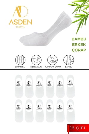 Bambu Kadın Babet Çorap Beyaz 12'li Paket, Dikişsiz, Silikonlu Kaydırmaz Topuk, 36-40