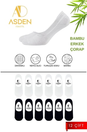 Bambu Kadın Babet Çorap 6 Siyah- 6 Beyaz 12'Li Paket, Dikişsiz, Kaydırmaz Silikonlu Topuk, 36-40