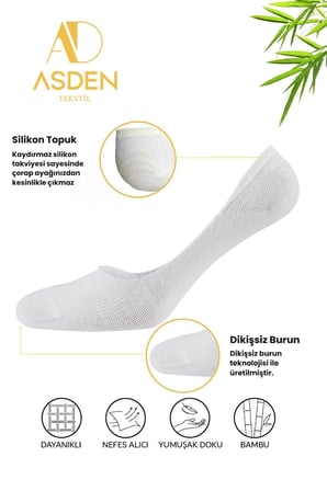 Bambu Kadın Babet Çorap 6 Siyah- 6 Beyaz 12'Li Paket, Dikişsiz, Kaydırmaz Silikonlu Topuk, 36-40